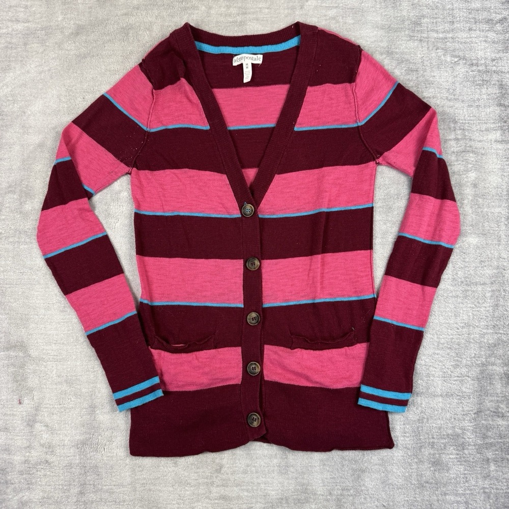 Aeropostale Sweater‎ Womans Medium Pink Striped Cardigan Y2K Baby doll Thin